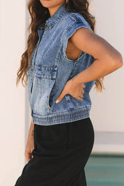 Button Up Cap Sleeve Denim Jacket | Denim Jacket Daverri Fashions