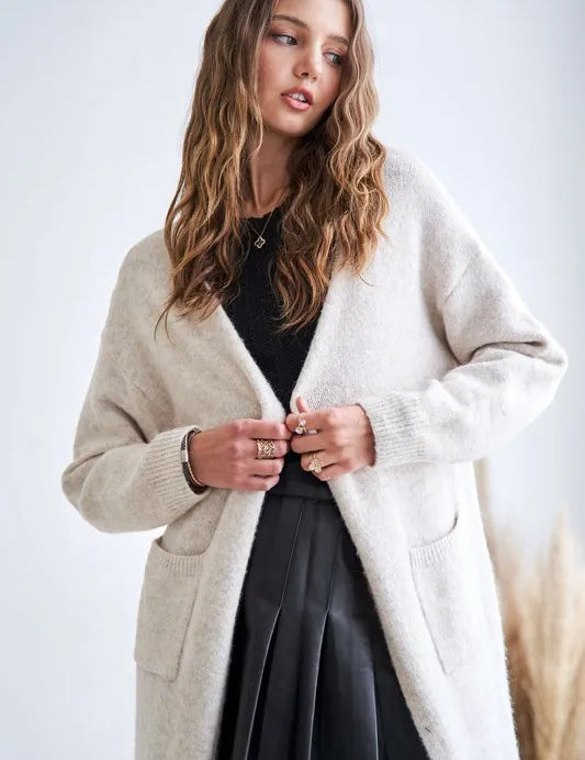 OATMEAL ADORA 2tone Sweater Open Cardigan | Sweaters Daverri Fashions