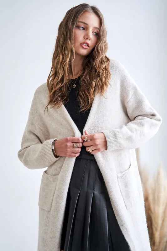 OATMEAL ADORA 2tone Sweater Open Cardigan | Sweaters Daverri Fashions