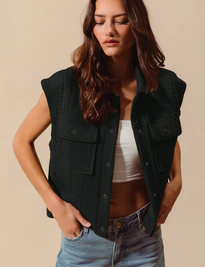 BLACK SO ME Cable Quilting Stitch Button Up Knit Vest | Vests Daverri Fashions