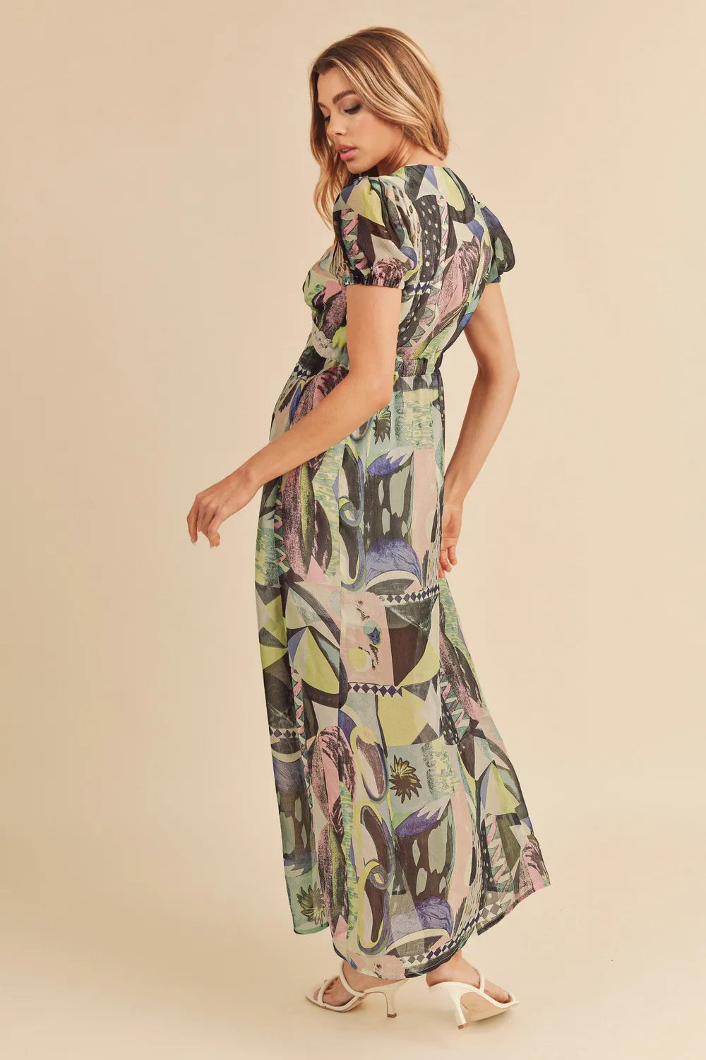 Aemi + Co Lace Detail Slit Geometric Print Short Sleeve Maxi Dress | Daverri Fashions
