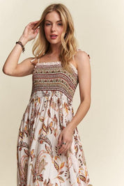 ADORA Smocked Printed Square Neck Tie Shoulder Cami Dress | Daverri Fashions