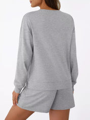 Round Neck Long Sleeve Top and Shorts Set | Loungewear Sets Daverri Fashions