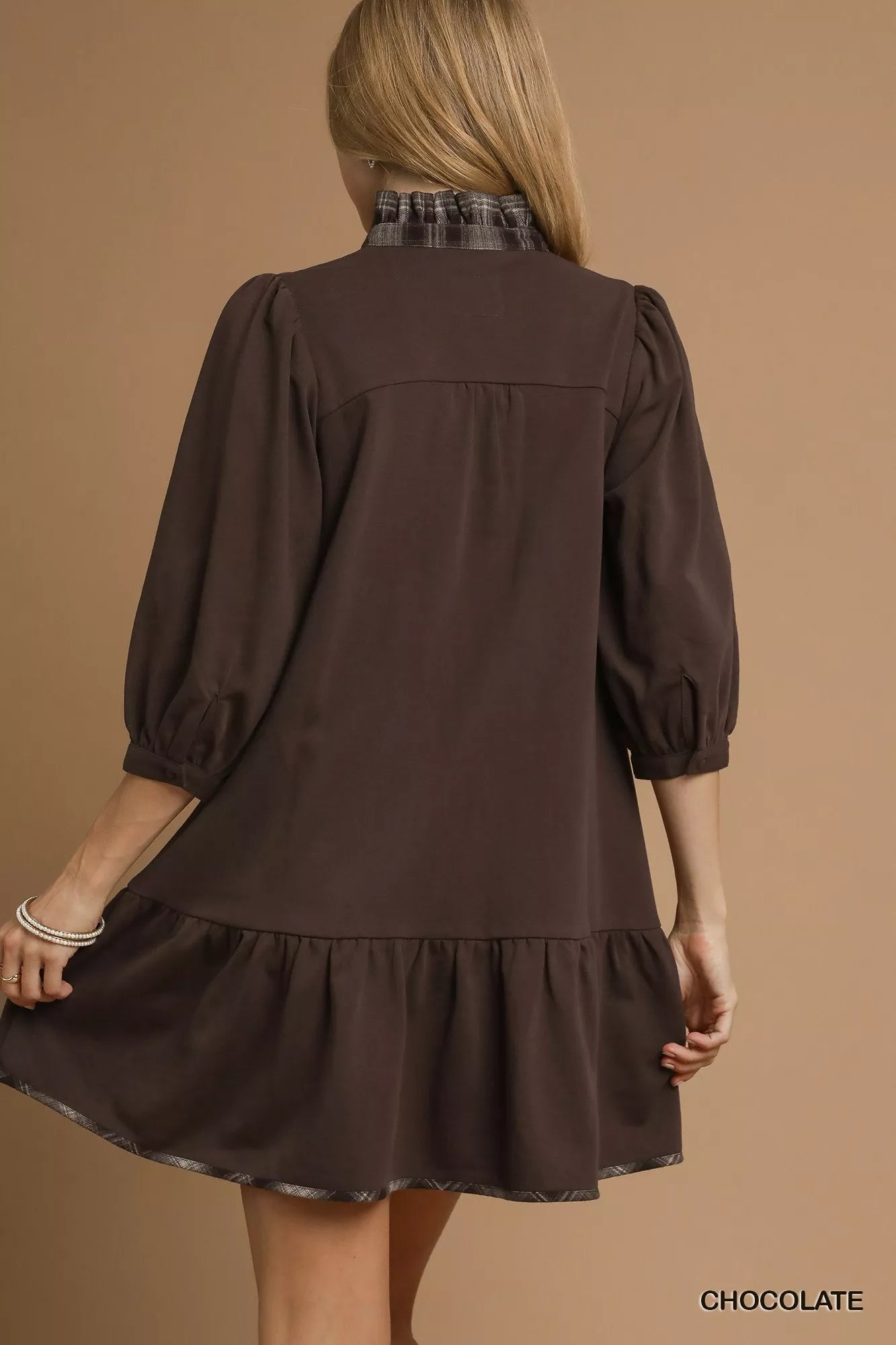 Umgee French Terry Ruffle Hem Dress with Plaid Trim | Mini Dresses Daverri Fashions