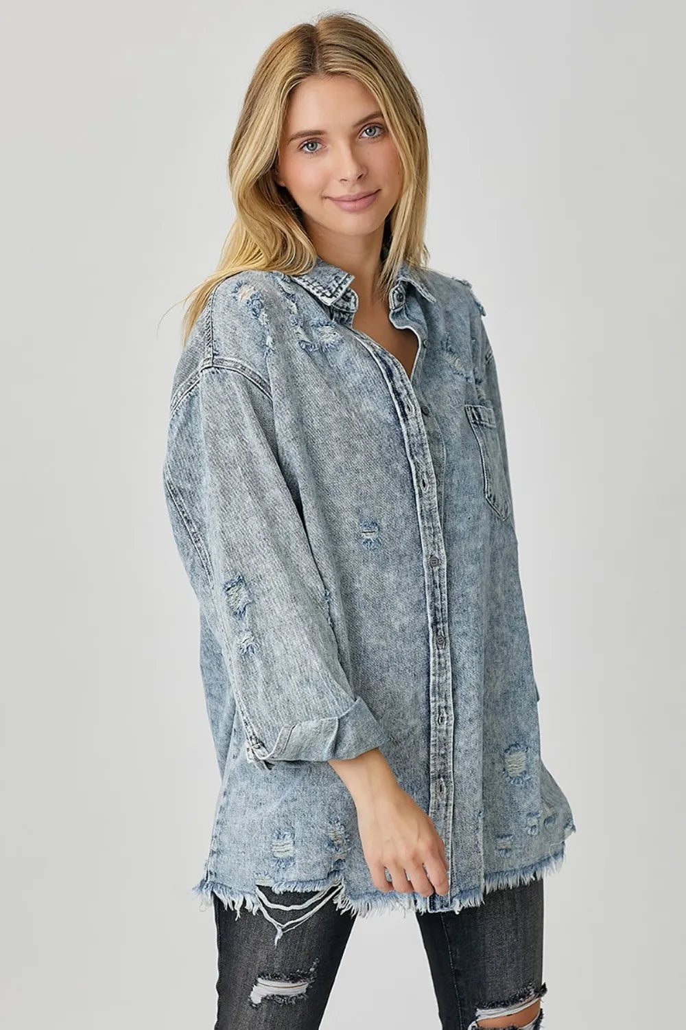 RISEN Distressed Raw Hem Denim Shirt | Shirts Daverri Fashions