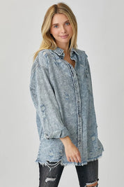 RISEN Distressed Raw Hem Denim Shirt | Shirts Daverri Fashions