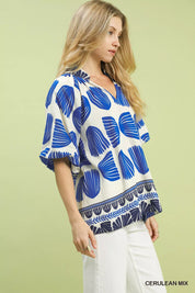 Umgee Shell Block Border Print Puff Sleeve Blouse | Blouses Daverri Fashions