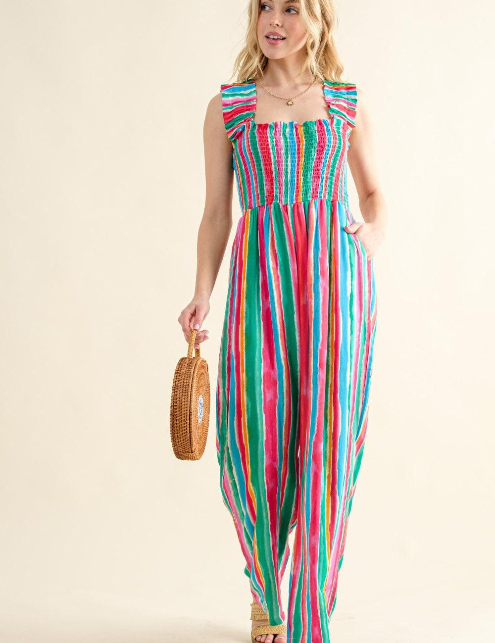 STRIPE And The Why Full Size Striped Smocked Sleeveless Jumpsuit | Daverri Fashions