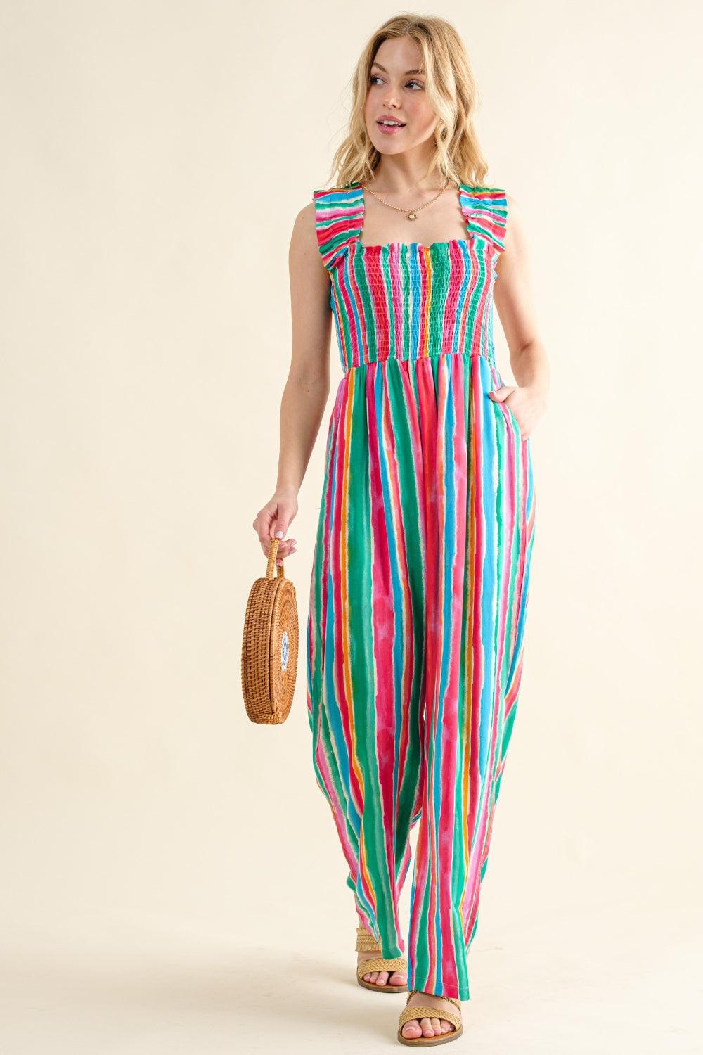 STRIPE And The Why Full Size Striped Smocked Sleeveless Jumpsuit | Daverri Fashions
