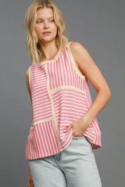 Umgee Round Neck Texture Striped Tank Pink | Tank Tops Daverri Fashions