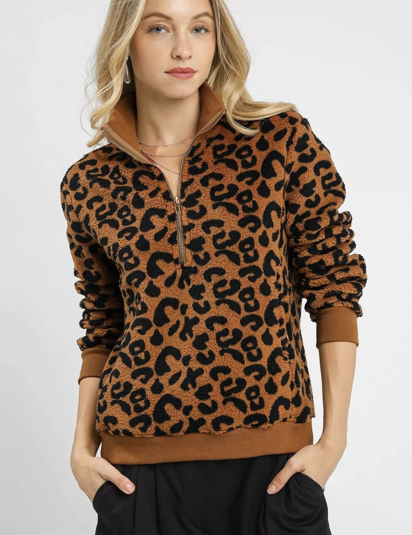 Camel Umgee Leopard Print Quarter-Zip Sweatshirt | Daverri Fashions