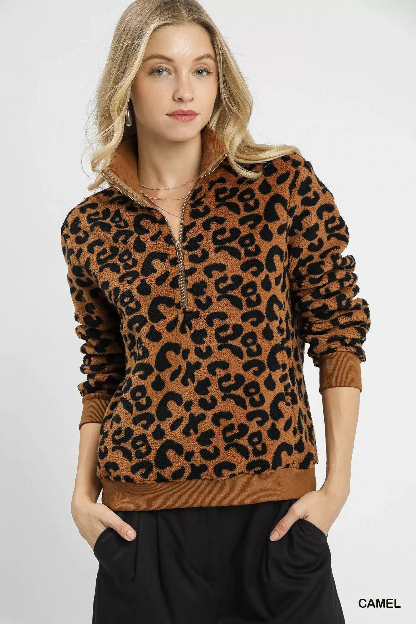Camel Umgee Leopard Print Quarter-Zip Sweatshirt | Daverri Fashions