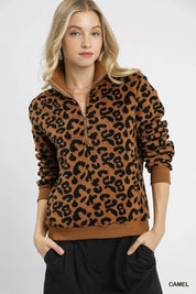 Camel Umgee Leopard Print Quarter-Zip Sweatshirt | Daverri Fashions