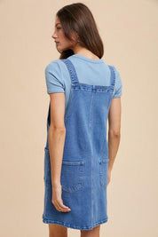 Annie Wear Wide Strap Denim Overall Dress with Pockets | Daverri Fashions