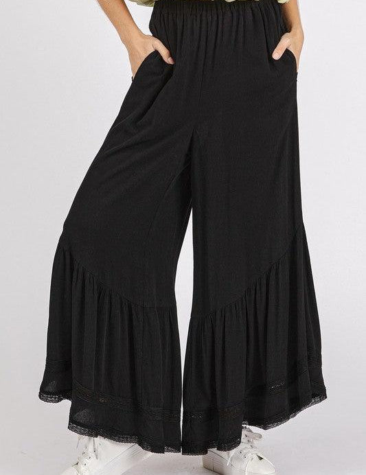 Black Mittoshop Lace Ruffle Asymmetric Hem Wide Leg Pants | Pants Daverri Fashions