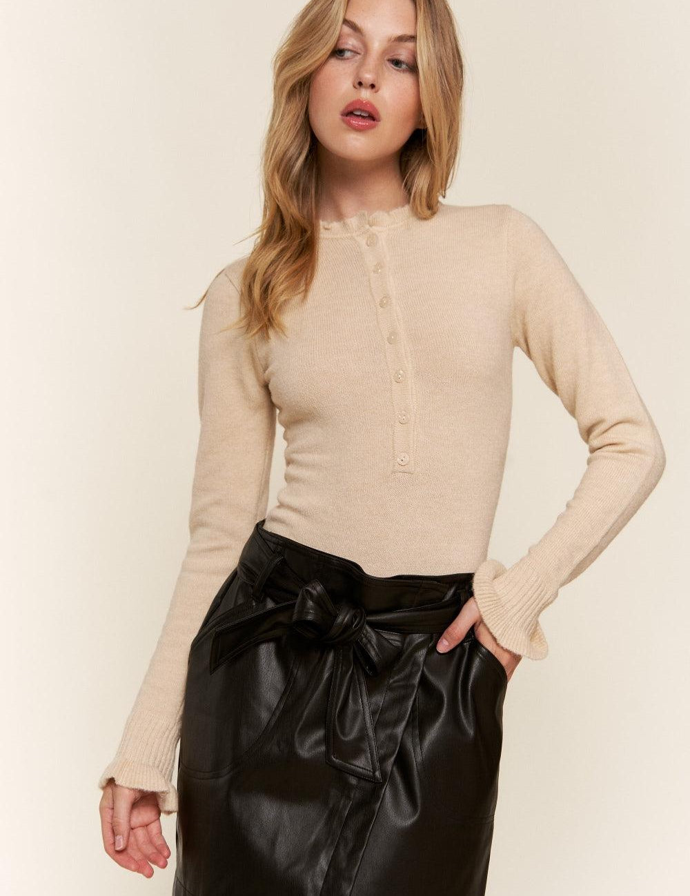 Beige And The Why Half Button Round Neck Long Sleeve Bodysuit | Daverri Fashions