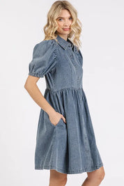 Mittoshop Button Down Puff Sleeve Denim Dress | Daverri Fashions