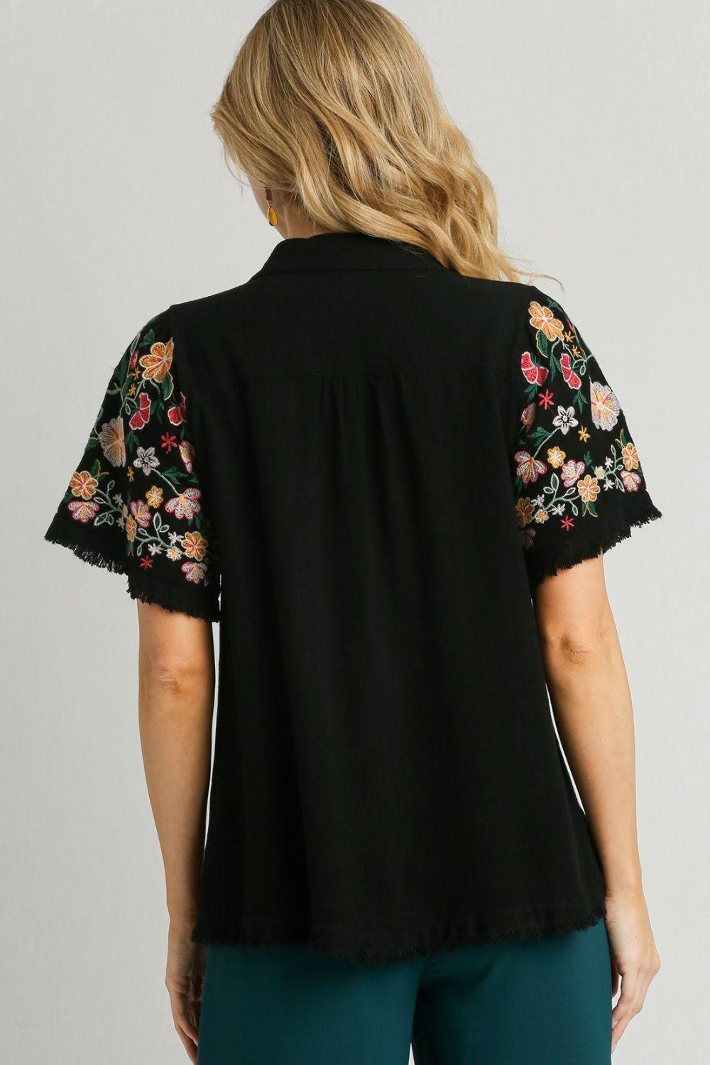 Umgee Full Size Linen Shirt with Embroidered Sleeves Plus Size | Daverri Fashions