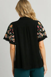 Umgee Full Size Linen Shirt with Embroidered Sleeves Plus Size | Daverri Fashions