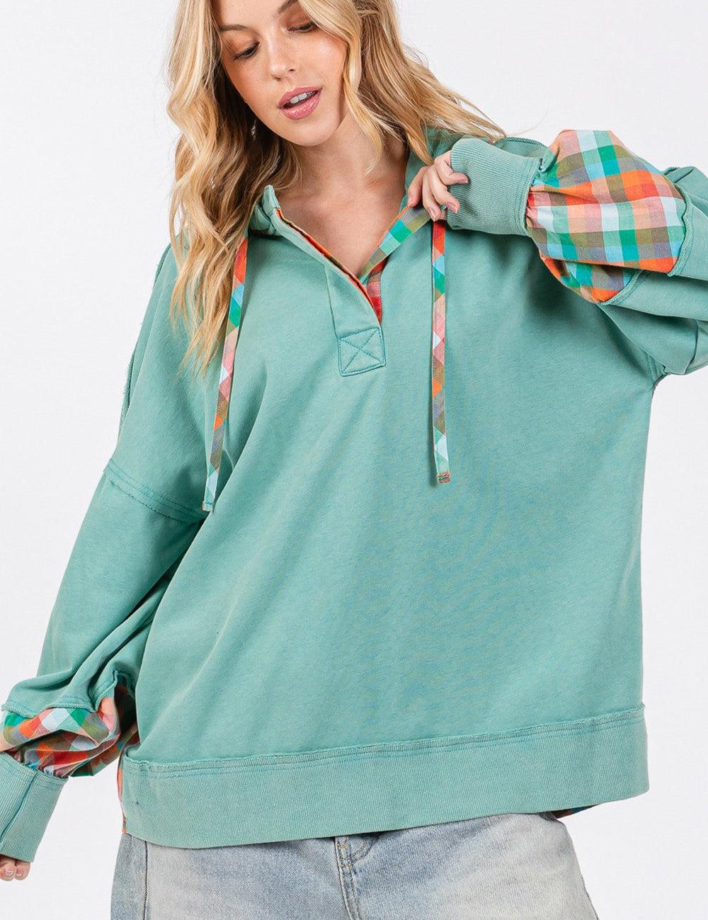 Eucalyptus SAGE + FIG Full Size Plaid Print Washed Hoodie | Hoodies Daverri Fashions