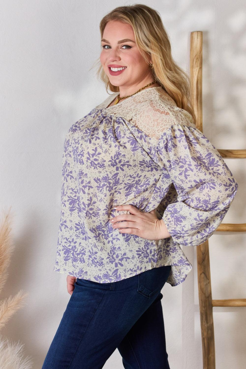 Hailey & Co Full Size Lace Detail Printed Blouse | Blouses Daverri Fashions
