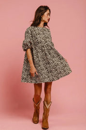 BiBi Leopard Denim Dress With Back Contrast Tie Detail | Daverri Fashions