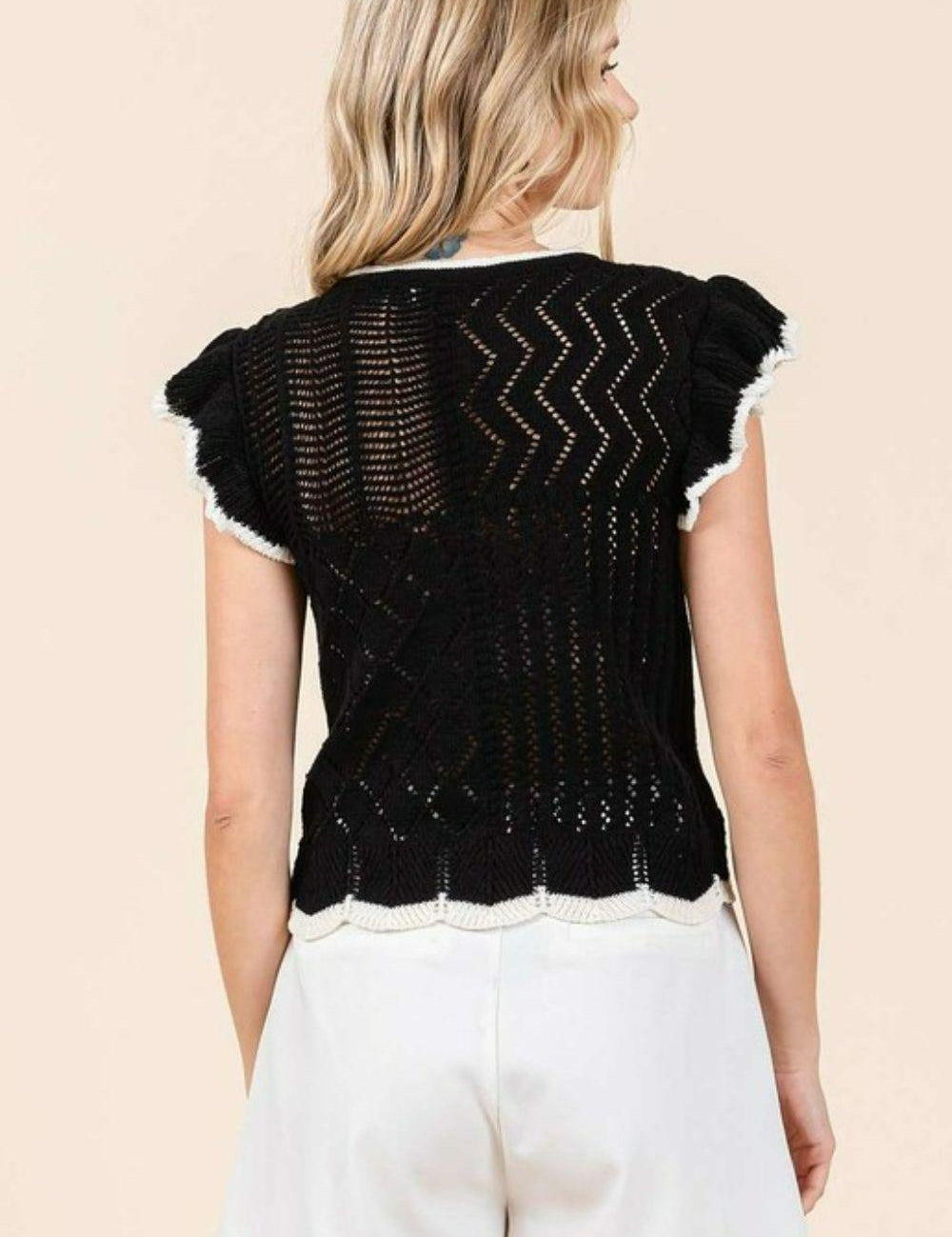 Mittoshop Openwork Contrast Trim Ruffled Cap Sleeve Knit Top | Tops Daverri Fashions