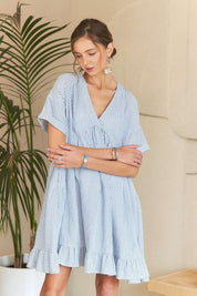 ADORA Ruffled Hem Striped V-Neck Babydoll Dress | Babydoll Dresses Daverri Fashions