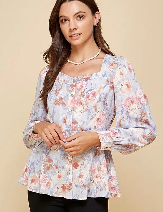 PURPLE Lime 'N' Chili Floral Sweetheart Neckline Button Down Blouse | Blouses Daverri Fashions