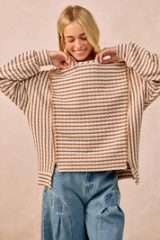 CAMEL BiBi Open Seam Detail Textured Stripe Knit Top | Knit Tops Daverri Fashions