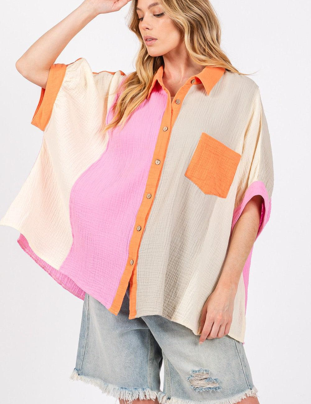 MULTI SAGE + FIG Full Size Color Block Button-Down Shirt | Shirts Daverri Fashions