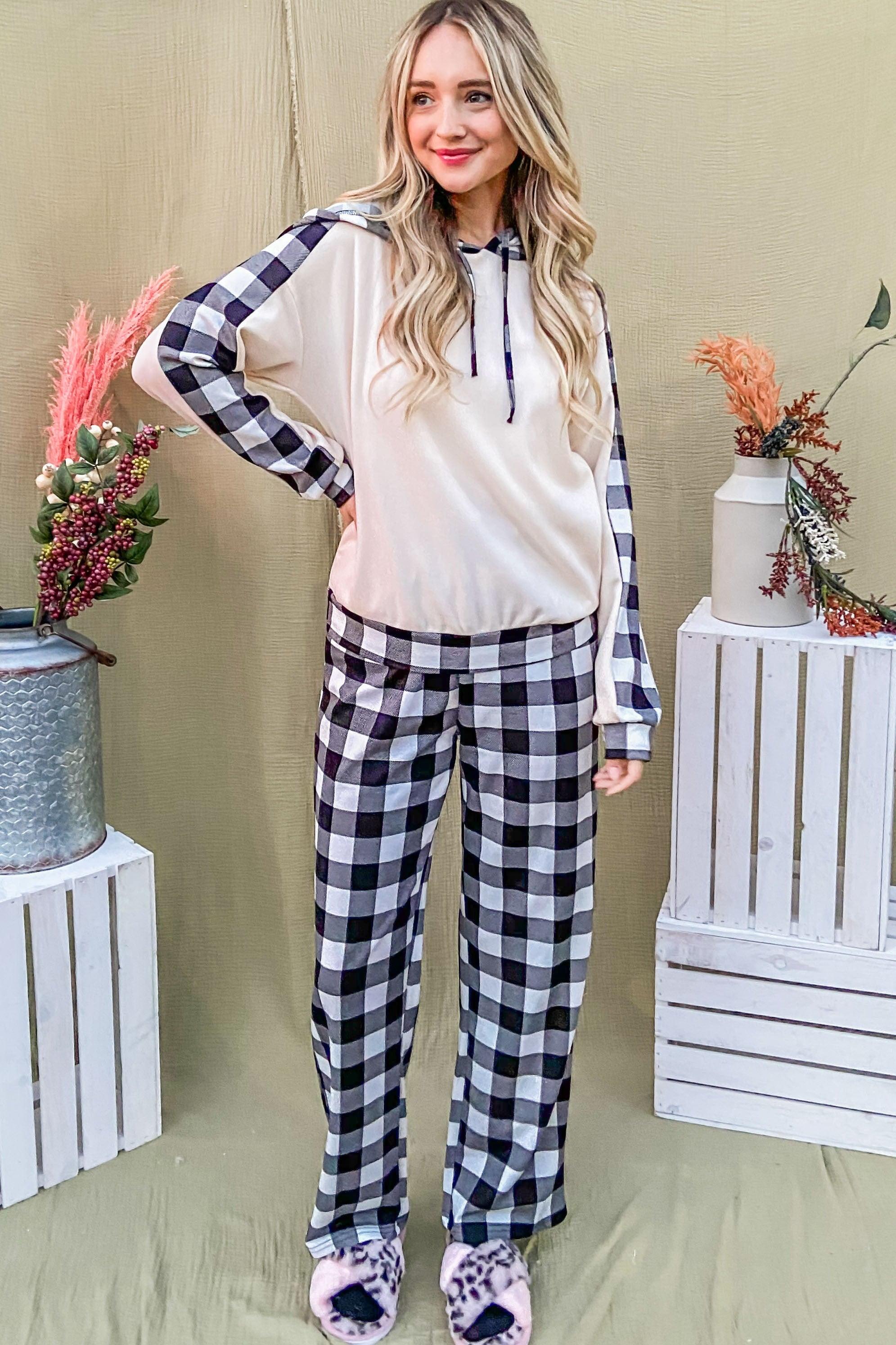 And The Why Drawstring Hooded Top and Plaid Pants Lounge Set | Outfit Sets Daverri Fashions
