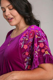 Umgee Full Size Velvet Embroidery Short Sleeve Blouse | Blouses Daverri Fashions