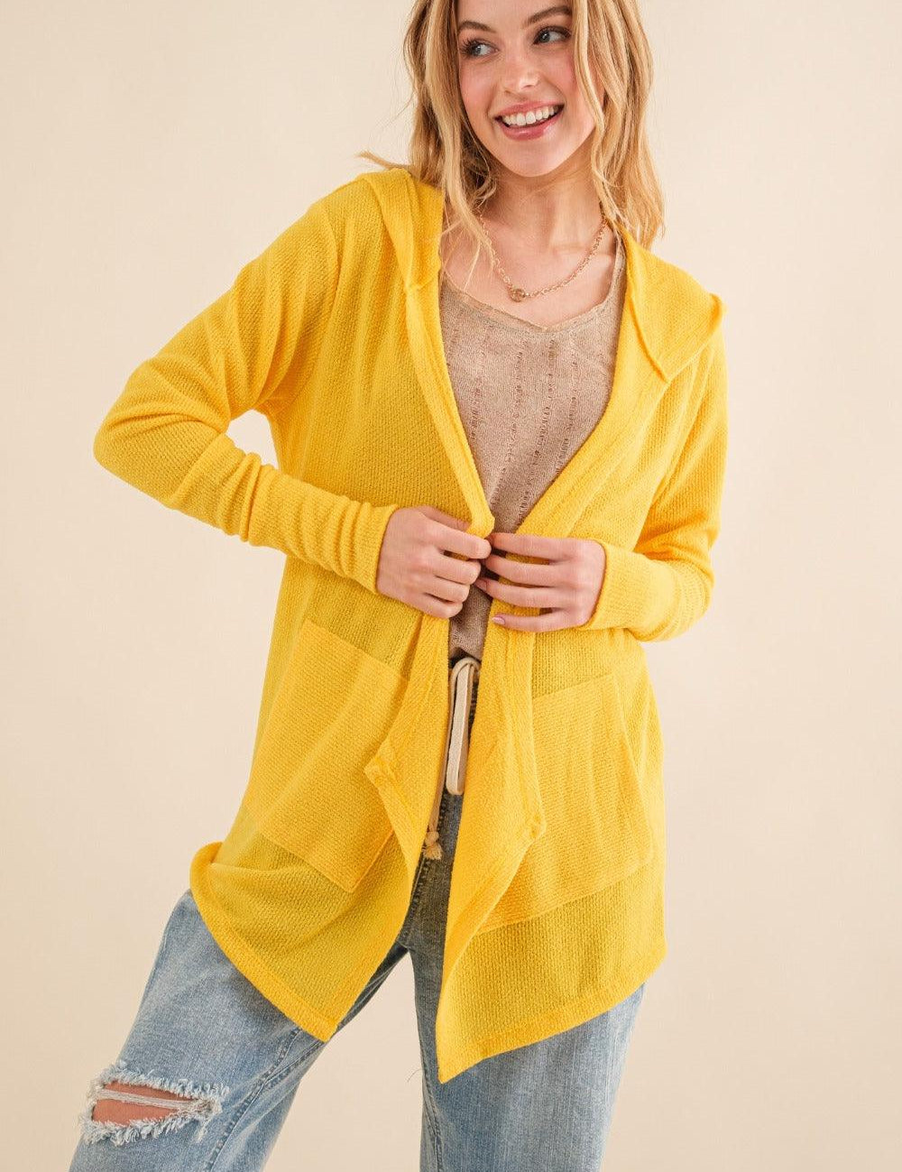 Vivid Yellow And The Why Full Size Thermal Hooded Open Front Cardigan with Pockets | Cardigans Daverri Fashions