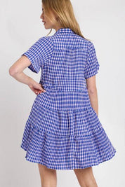 Umgee Full Size Gingham Tiered Button Detail Short Sleeve Dress Plus Size | Daverri Fashions