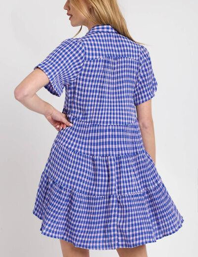 Umgee Full Size Gingham Tiered Button Detail Short Sleeve Dress Plus Size | Daverri Fashions