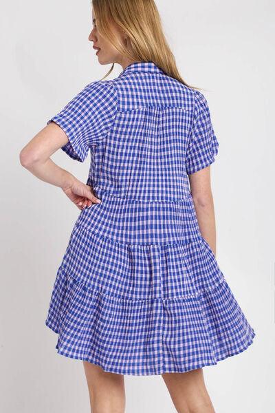 Umgee Full Size Gingham Tiered Button Detail Short Sleeve Dress Plus Size | Daverri Fashions