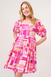 Pink Multi And The Why Color Block Puff Sleeve Dress | Daverri Fashions