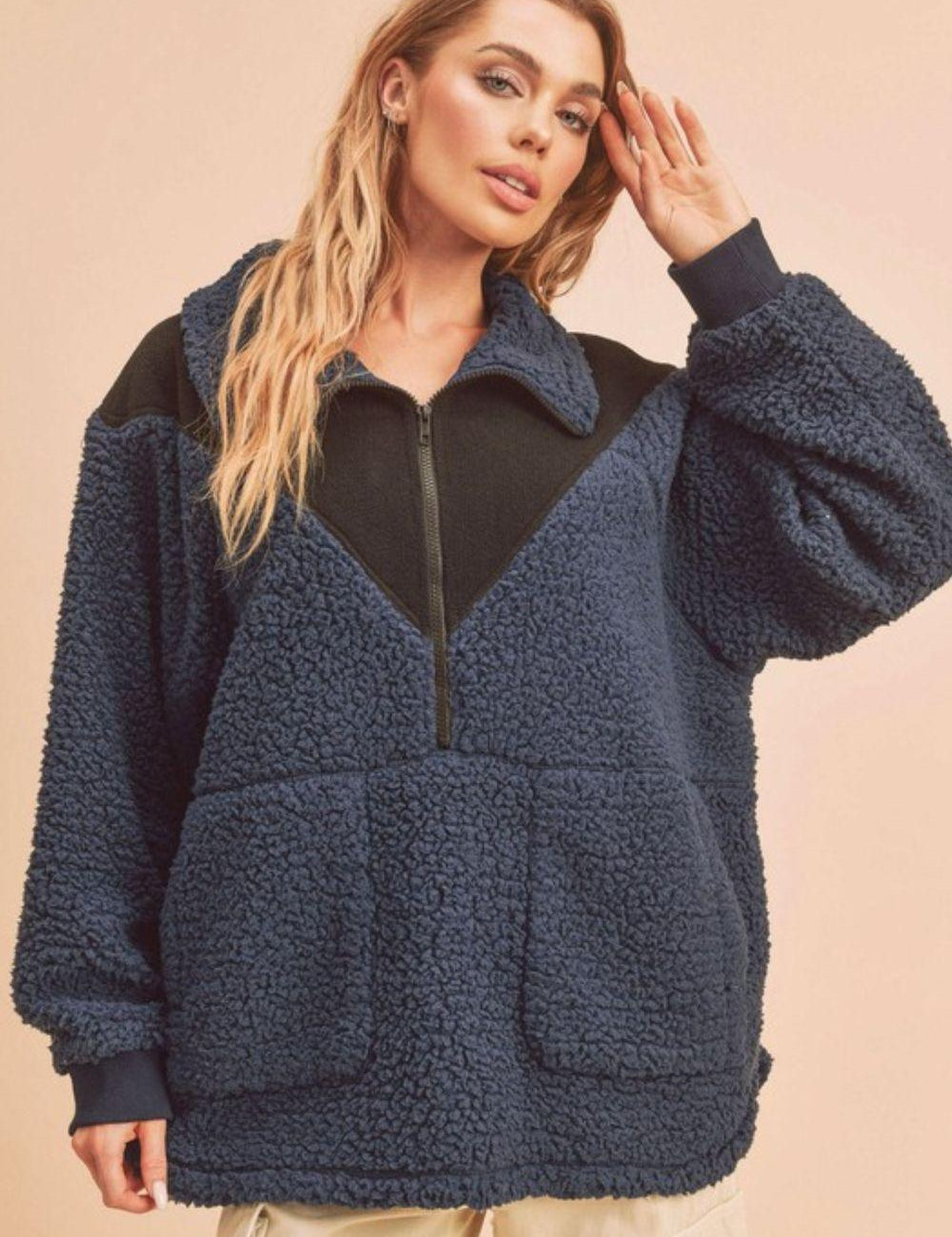 Aemi+Co Two Tone Half Zip Fleece Sweatshirt | Sweatshirts Daverri Fashions