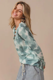 BiBi Variegated Tie Dye Rib V-Neck Top with Strapped | Tops Daverri Fashions