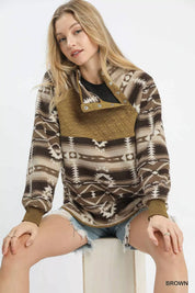 Umgee Aztec Print Sherpa Pullover | Tops Daverri Fashions