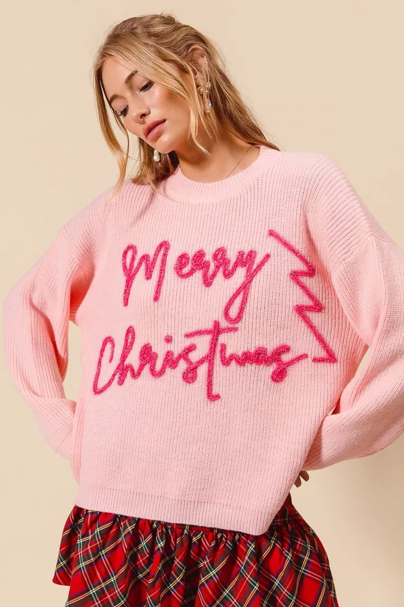 BLUSH PINK SO ME Merry Christmas Tinsel Lettering Sweater | Sweaters Daverri Fashions