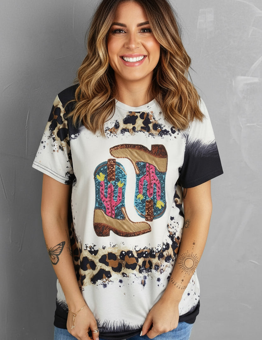Sequin Boots Leopard Round Neck Short Sleeve T-Shirt | T-Shirts Daverri Fashions
