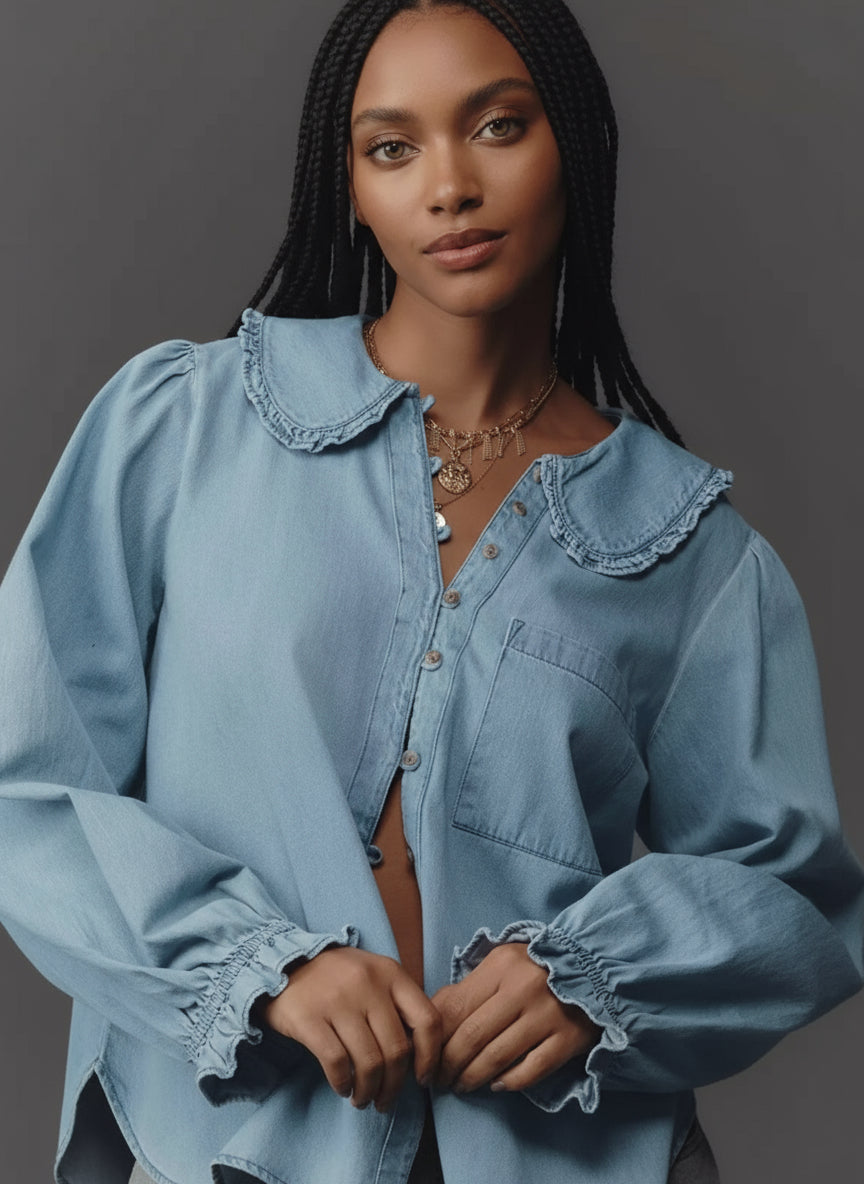 Peter Pan Collar Ruffled Denim Shirt | Shirts Daverri Fashions