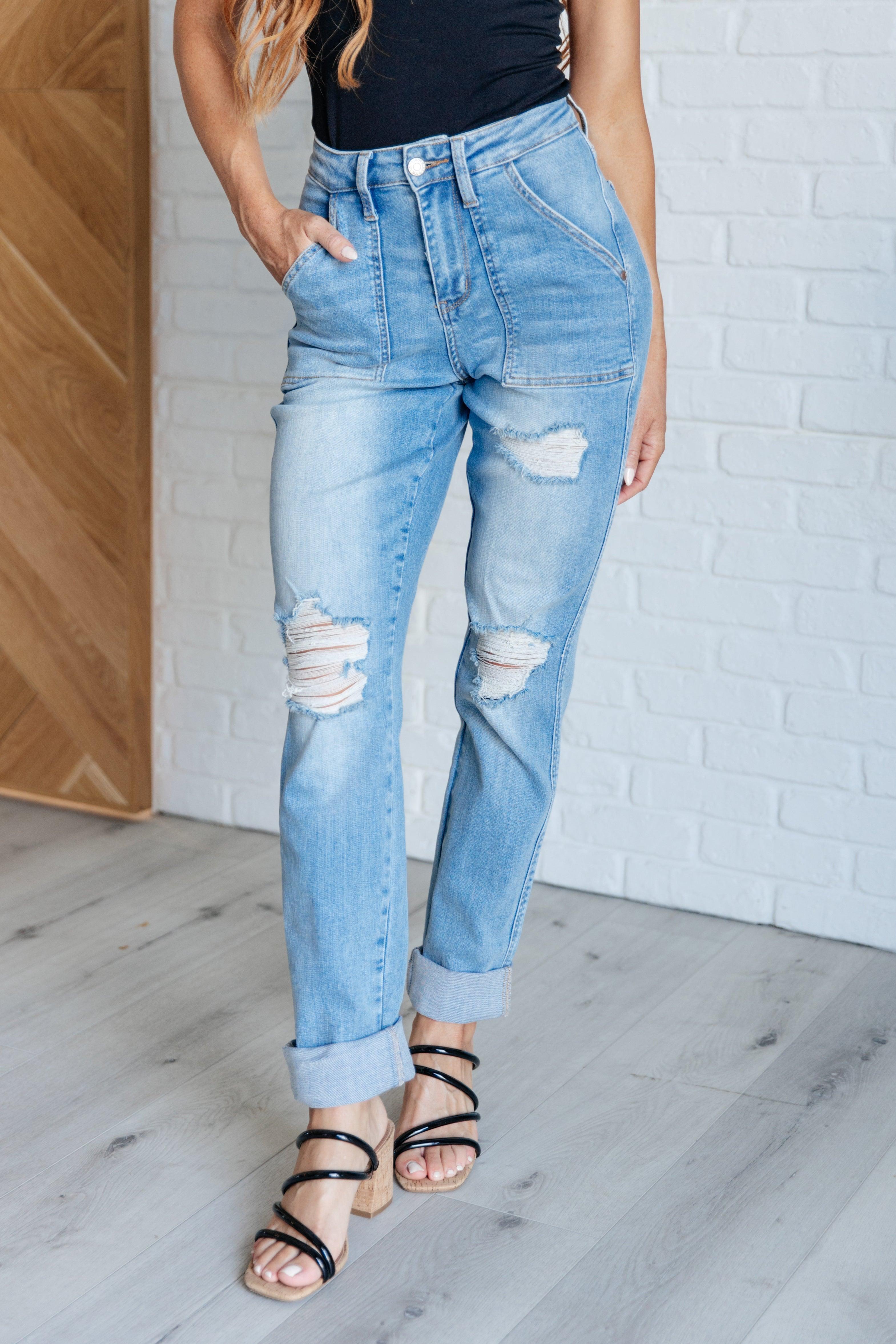 Judy Blue High Rise Patch Pocket Distressed Boyfriend Jeans | Jeans Daverri Fashions
