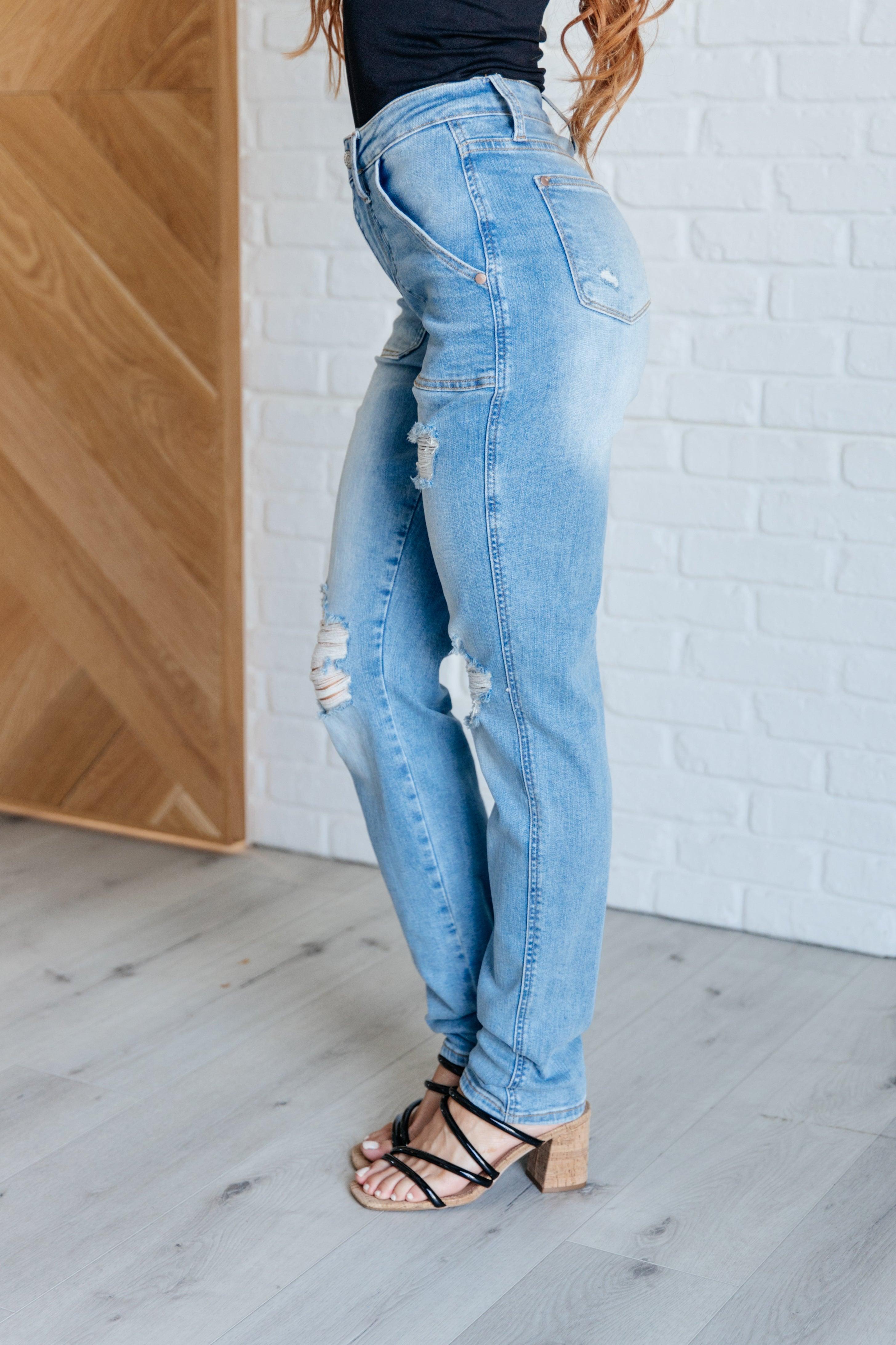 Judy Blue High Rise Patch Pocket Distressed Boyfriend Jeans | Jeans Daverri Fashions
