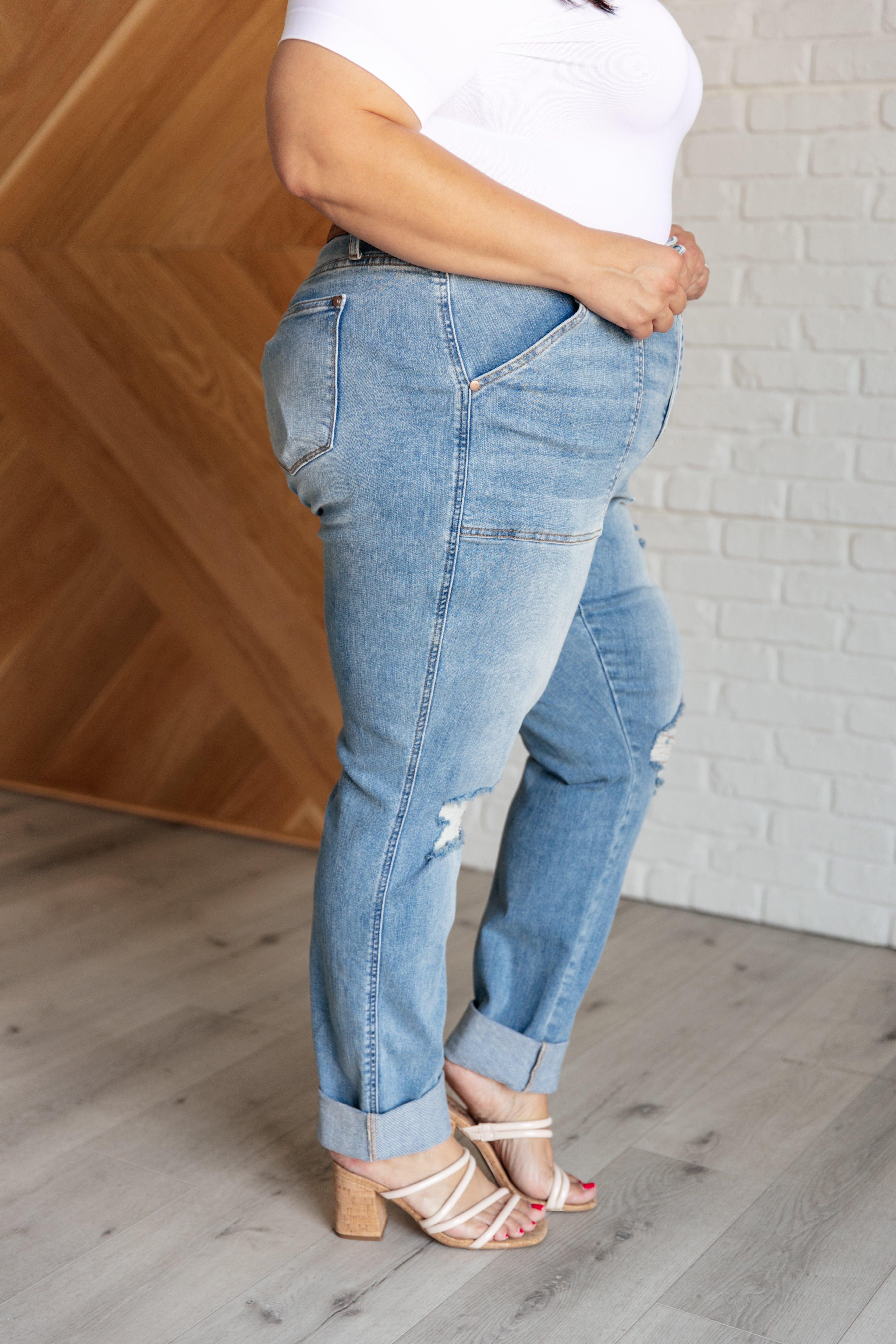 Judy Blue High Rise Patch Pocket Distressed Boyfriend Jeans | Jeans Daverri Fashions