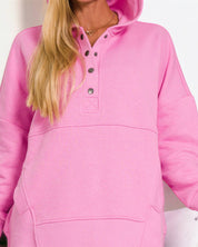 Half Snap Loose Fit Hooded Pullover | Sweatshirts Daverri Fashions