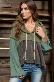 Waffle-Knit High-Low Color Block Hooded Long Sleeve Top | Tops Daverri Fashions