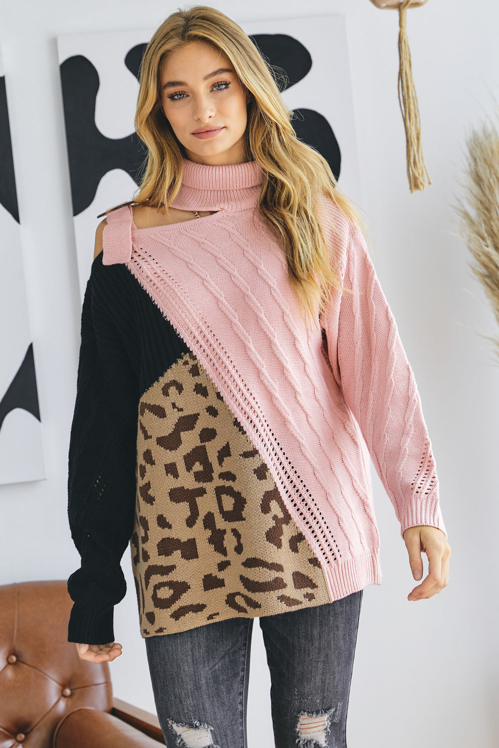 S Davi & Dani Turtle Neck Color Block Cutout Sweater | Sweaters Daverri Fashions